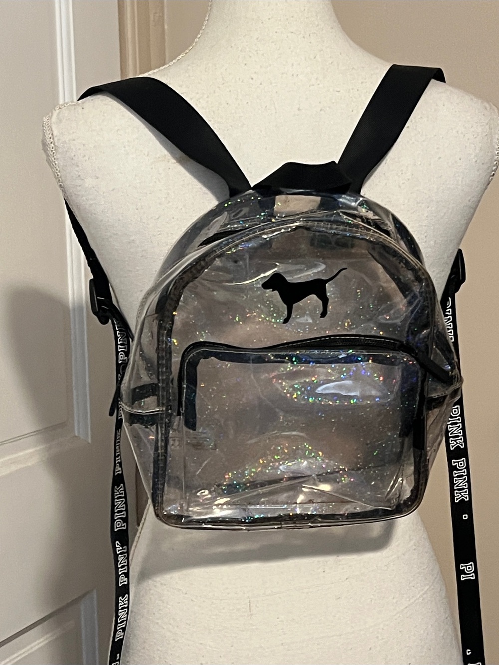 PINK Victoria's Secret Clear Holographic Mini Backpack with Black Trim